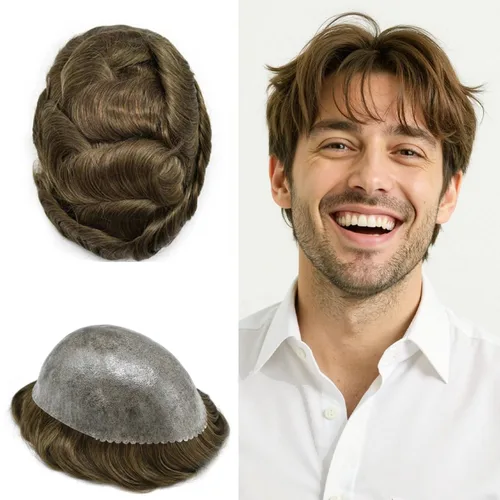 Vista 13 de Extensiones de pelo tipo tupé para hombre, sistema de reemplazo de cabello humano virgen 100% europeo, piel fina y duradera, inyección