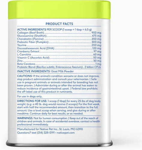 Vista 11 de Native Pet Vitaminas y Suplementos para Perros - Polvo de Vitaminas 11-en-1 para Complemento de Comida de Perro - Colágeno, Glucosamina