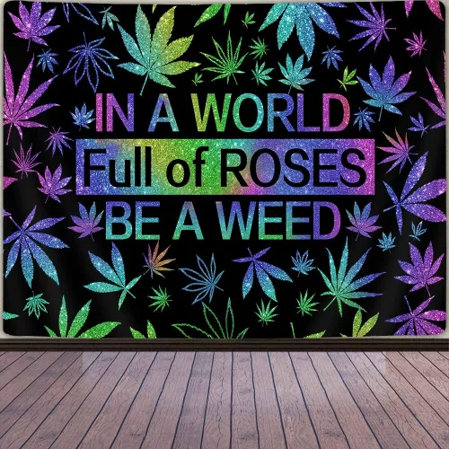 Vista 2 de GOAOK Tapiz de hierba trippy, hojas de cannabis psicodélicas frescas y citas divertidas para dormitorio y sala de estar, 60 x 40 pulgadas