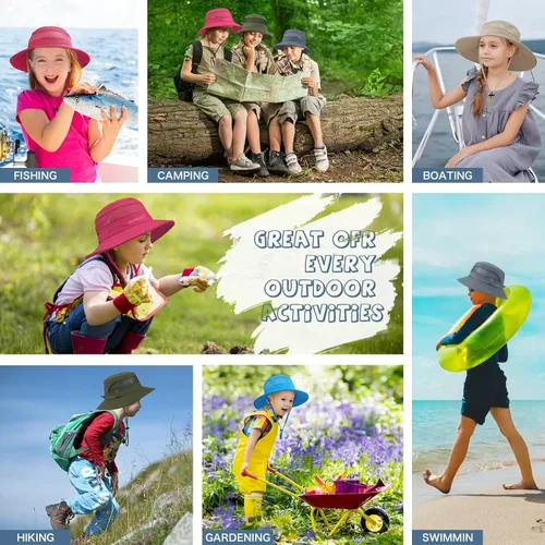 Vista 7 de Sombrero de sol para niños con protección solar UPF 50+, sombrero de pescador para niños y niñas, ala ancha, verano, playa, pesca, safari, sombrero