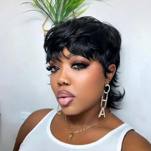 Vista 14 de Peluca de cabello humano con corte Pixie para mujeres negras, 100% cabello humano real, peluca corta y recta sin pegamento con flequillo, hecha a