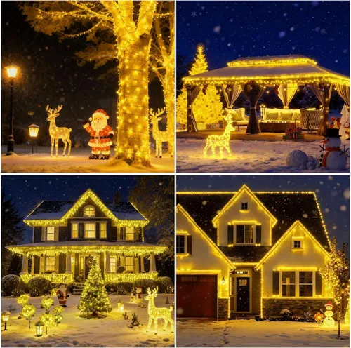 Vista 8 de SOLARBABY Luces solares de Navidad al aire libre, cadena de luces de 142 pies con 400 LED de blanco cálido para exteriores con control remoto, 19
