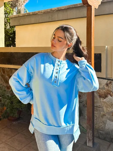 Vista 95 de AlvaQ - Sudadera de gran tamaño para mujer, informal, de manga larga, con botones y cuello Henley, tipo túnica