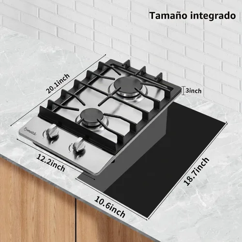 Vista 3 de Placa de cocina de gas de 12 pulgadas, estufa de 2 quemadores, estufa de acero inoxidable integrada con parte superior convertible de gas