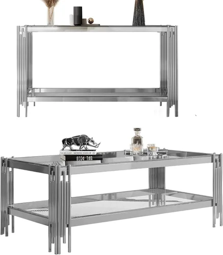 Vista 18 de Mesa auxiliar rectangular de vidrio de 48 pulgadas, mesa de centro de 2 niveles con parte superior de vidrio templado negro, patas de acero