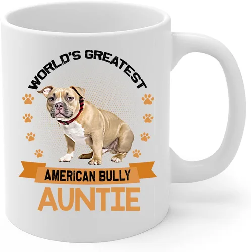 Vista 2 de World's Greatest Tan American Bully Dog Auntie Regalos para tía Taza de café divertida Taza de té de cerámica blanca 11oz Puppy Owner Regalos