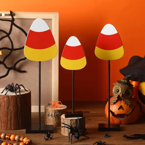 Vista 5 de 3 piezas de decoración de mesa de pie para Halloween, bandeja escalonada de madera, decoración de mesa de murciélagos y maíz, centro de mesa, juego