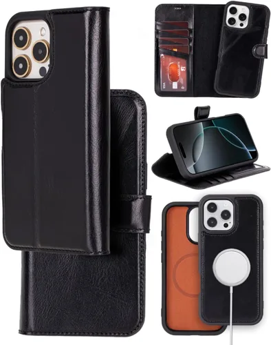 Vista 25 de Bayelon Funda tipo cartera para iPhone 15 Pro, cartera de cuero de grano completo, funda magnética desmontable, tarjetero, funda tipo cartera