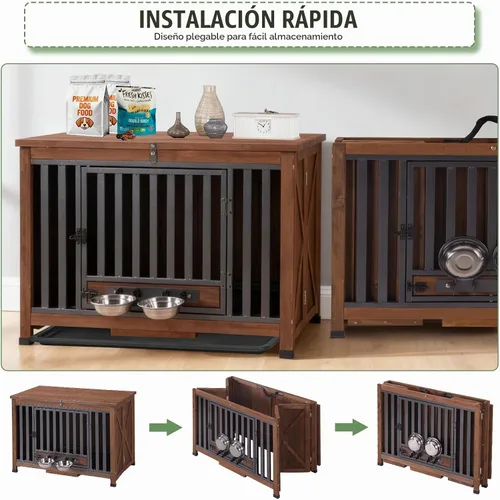 Vista 2 de Muebles de jaula para perros de 33.3 pulgadas, jaulas plegables para perros con cuencos giratorios de 360°, jaula de madera para cachorros con marco