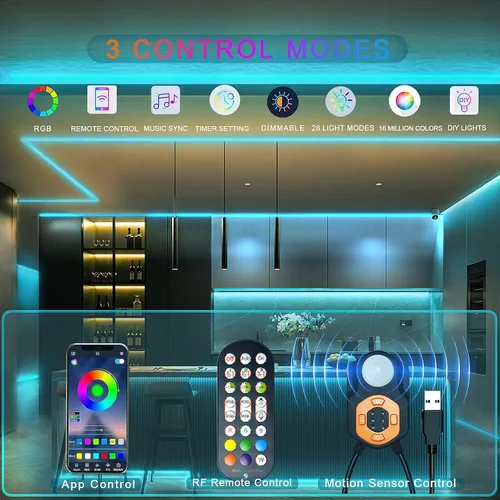 Vista 4 de Tira de luz LED con sensor de movimiento debajo de la cama, 9.84 pies, control remoto/aplicación, regulable, sincronización de música, temporizador