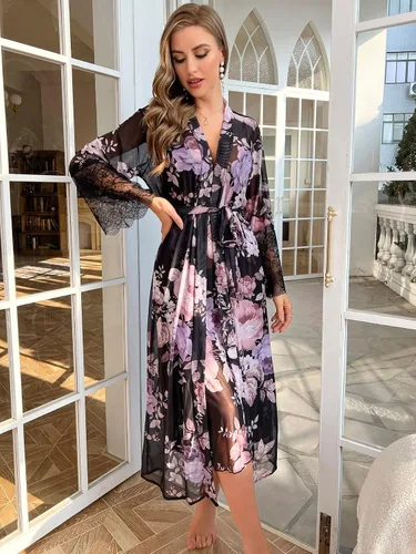 Vista 6 de WDIRARA Conjunto de pijama de 2 piezas para mujer, con estampado floral, con encaje y abertura de malla