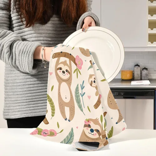 Vista 6 de Kigai Juego de 4 toallas de cocina, diseño de perezoso lindo altamente absorbente, paños de limpieza reutilizables, paños de cocina, toallas de mano