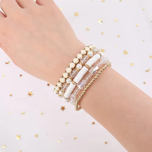Vista 4 de Pulseras de cuentas de arcilla, pulseras de cristal con cuentas de varias capas, bohemio, blanco y rosa, juego de pulseras para mujer
