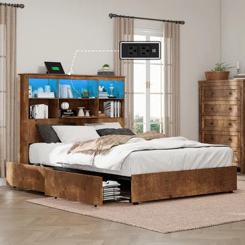 Vista 8 de LUXOAK Marco de cama tamaño Queen con cabecera de estantería LED