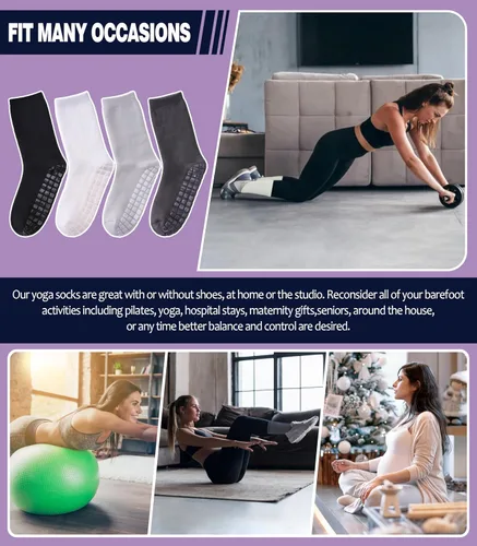Vista 6 de MQELONG Calcetines de yoga antideslizantes con agarres para pilates, ballet, entrenamiento descalzo, calcetines atléticos, antideslizantes, 4 pares
