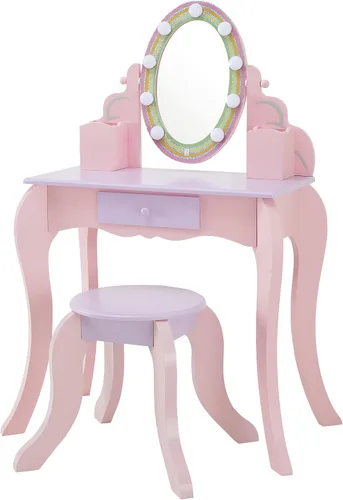 Vista 11 de Teamson Kids Juego de tocador de estrellas con luces LED para niñas, mesa de maquillaje rosa de 2 piezas para niños con espejo, 3 cajones