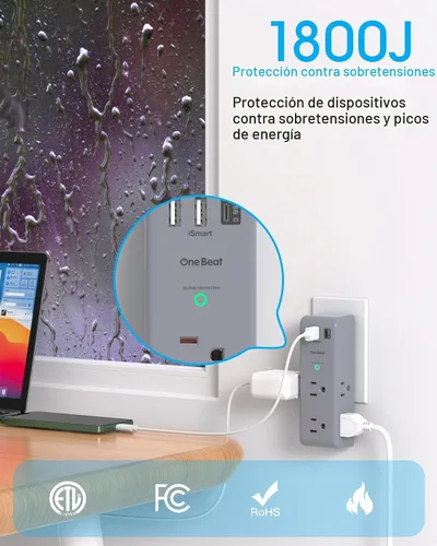Vista 5 de Extensor de salida protector de sobretensiones, con enchufe giratorio, 6 tomas de corriente alterna con 3 puertos USB (1 USB C), 1800 julios