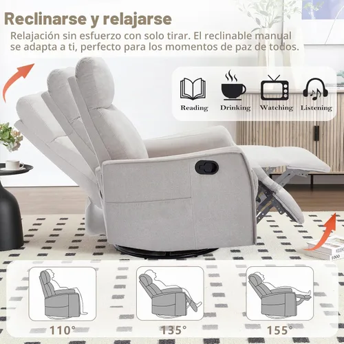 Vista 5 de cinkehome Silla Reclinable Giratoria Mecedora con Masaje Térmico, Sillas Reclinables Mecedoras para Guardería, Espacios Pequeños, Respaldo Alto