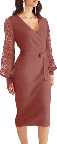 Vista 2 de MEROKEETY Vestido de suéter de manga larga con cuello en V para mujer, sexy, de punto envolvente, ajustado, con cinturón