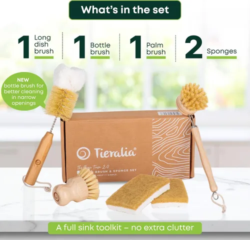 Vista 4 de Tieralia Juego de 5 cepillos de bambú para platos, kit de limpieza de cocina ecológico con cepillo para botellas, cepillo largo para platos