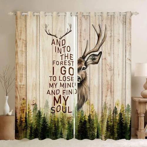 Vista 9 de Erosebridal Cortinas y cortinas geométricas de reno, con diseño de oso y ciervo, cortinas opacas con entramado a cuadros para dormitorio, bosque