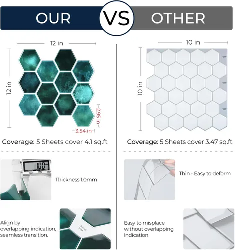 Vista 5 de FunStick Adhesivos para azulejos de pared en muro de cocina de 12 x 12 pulgadas, azulejos de pared hexagonales 3D autoadhesivos de color verde Verde