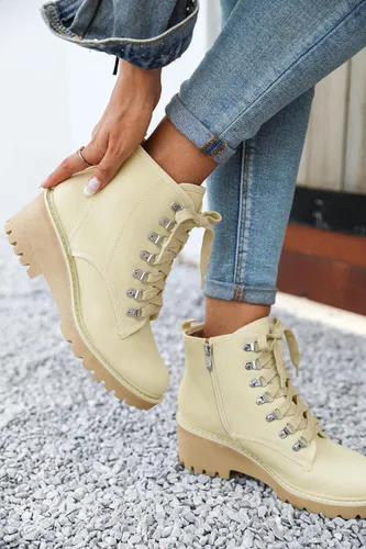 Vista 3 de Coutgo Botas de combate con suela de lengüeta para mujer botas de combate con cordones plataforma de tacón grueso con cremallera para senderismo