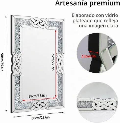 Vista 5 de Espejo de diamante triturado plateado: decoración rectangular de pared 35.4 x 23.6 pulgadas Espejo decorativo de lujo con espejo de cristal