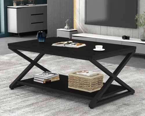 Vista 5 de HSH Mesa de sala de estar de madera de metal minimalista moderna negra con estante de almacenamiento, mesa central rectangular de 39 pulgadas y 2