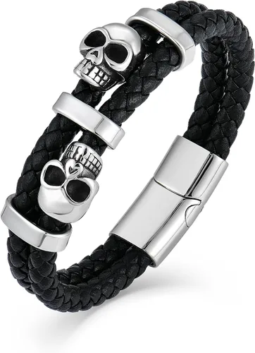 Vista 8 de Pulsera de Cuero de Doble Fila con Calavera para Hombre, Pulsera Trenzada con Calavera Negra o Plateada para Hombre, Joyería Punk Masculina