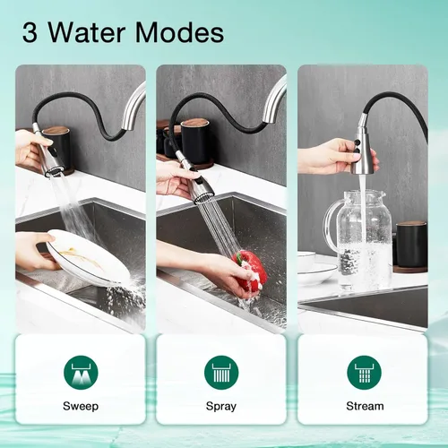 Vista 3 de CREA Grifo de Fregadero de Cocina, Grifos de Cocina Extraíbles con Rociador 3 Modos, Grifo de Lavandería Utilitario de Níquel Cepillado Agujero