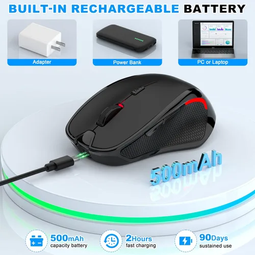 Vista 5 de Ratón inalámbrico Bluetooth para MacBook, laptop, iPad Air/Pro, mouse óptico silencioso recargable con Jiggler, modo dual Bluetooth 5.2/3.0 y 2.4G