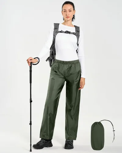Vista 6 de Hebepol Pantalones de lluvia para mujer, ligeros, impermeables, a prueba de viento, para senderismo, pesca, al aire libre, con bolsa