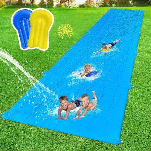 Vista 7 de Tobogán de agua antideslizante, tobogán de agua extra largo de 30 pies para niños y adultos con 2 bodyboards, toboganes de agua deslizantes