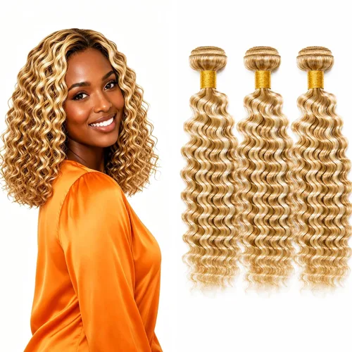 Vista 242 de P4613 Cabello humano rizado onda profunda marrón y paquetes mixtos 8 10 12 P4613 Ombre Marrón-Rubio-DP