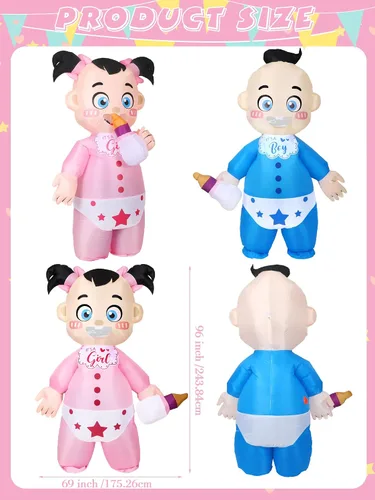 Vista 2 de Poen Disfraz inflable de bebé de 2 piezas para adultos, disfraz gigante de revelación de género, disfraz de bebé niño y niña, disfraz para fiesta