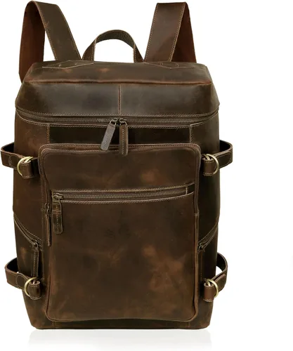 Vista 9 de HLC Mochila de cuero genuino para computadora portátil para hombres y mujeres, mochila genuina de gran capacidad, para negocios, retro, viajes