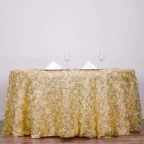 Vista 3 de BalsaCircle Mantel redondo con rosetas elevadas de satén champán de 132 pulgadas, para bodas, fiestas, comedor