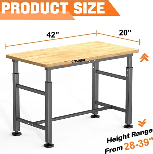 Vista 3 de TORACK Banco de trabajo ajustable con tapa de madera de caucho, 42" x 20