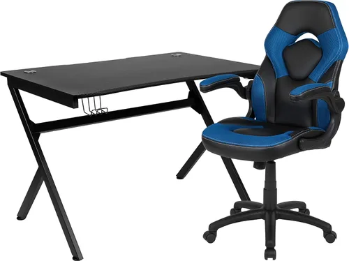 Vista 52 de Flash Furniture Juego de escritorio para juegos negro y silla de carreras blanco/negro con soporte para tazas, gancho para auriculares y soporte