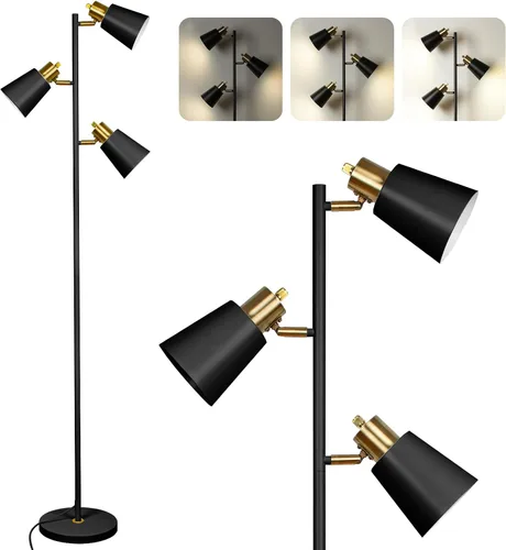Vista 12 de Lámpara de pie estilo árbol para sala de estar, lámpara de pie industrial de 3 luces con 3 bombillas LED, cabezas giratorias ajustables, lámpara