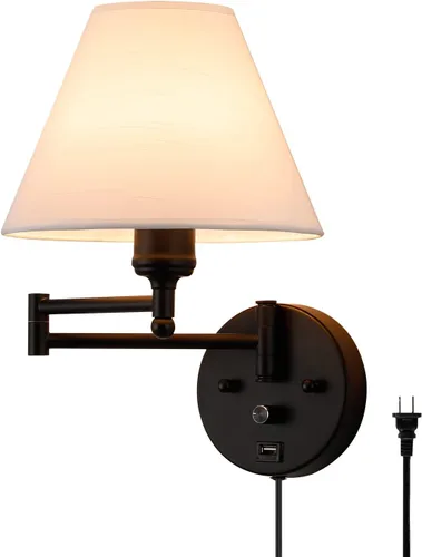Vista 10 de Apliques de pared con brazo oscilante, lámpara de pared enchufable, lámpara de pared para dormitorio, pantalla de tela blanca, con interruptor Níquel