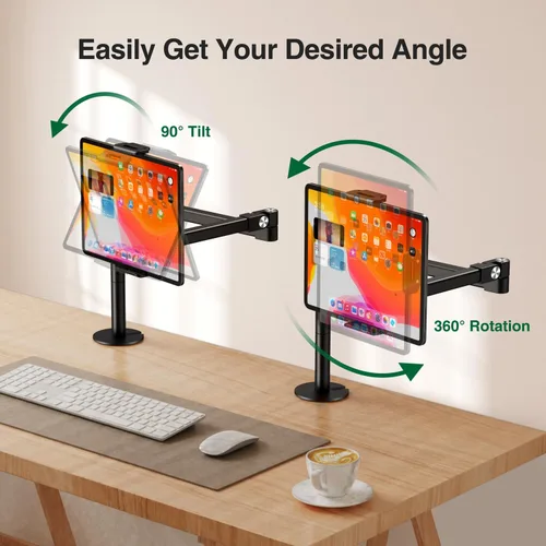 Vista 5 de elitehood Soporte de escritorio para iPad de brazo largo con base de montaje con ojales, soporte de aluminio resistente para tableta, soporte