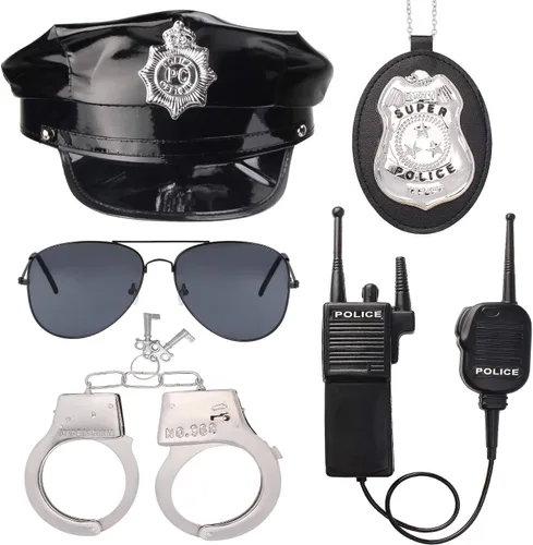Vista 7 de Beelittle - Kit de policía, gorro de policía con esposas, walkie talkies, esposas, placa y lentes