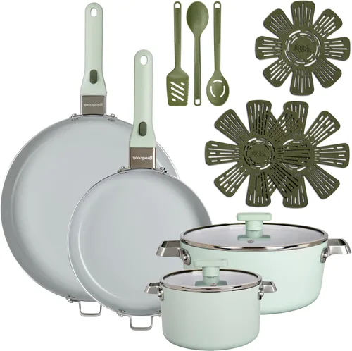 Vista 12 de GoodCook Sartén de cerámica con mango y tapa extraíbles, compatible con inducción, antiadherente y apta para horno, 3 cuartos de galón, verde salvia
