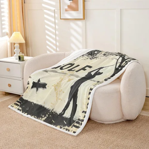 Vista 3 de Golf Fleece Blanket,Vintage Sports Game Golf Club Player Silhouette Bed Blanket for Adults Teens,Rustic Lake House Boating Beige Black Room