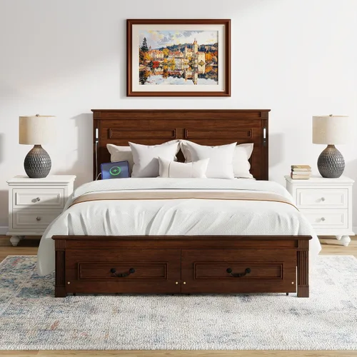 Vista 10 de JIVOIT Base de cama de plataforma de tamaño matrimonial con cabecero, cama de plataforma de madera estilo retro con patas de madera maciza Negro