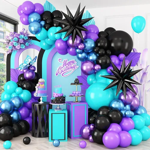 Vista 13 de Kit de arco de globos azul marino y negro, guirnalda de globos con globos de papel de aluminio metálico plateado blanco oscuro globos de látex