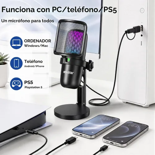 Vista 7 de Micrófono de condensador USB, micrófono para juegos para Negro