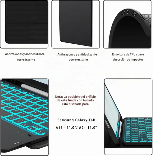 Vista 6 de Funda para Galaxy Tab A9+/A11+ de 11 pulgadas con teclado - Funda de tableta inalámbrica desmontable retroiluminada de 7 colores con panel táctil